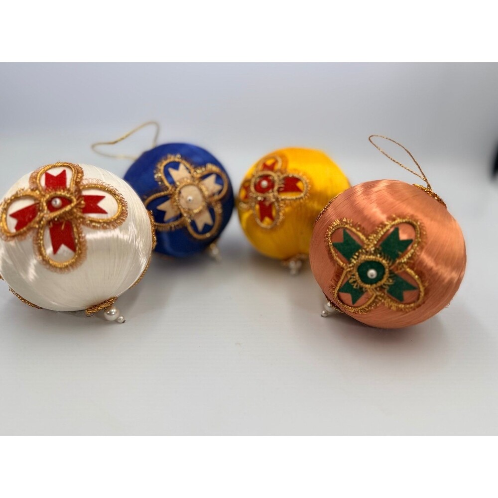 4 Vintage Silk Wrapped MCM Xmas Ornaments Multicolor Gold Pearl Maltese Cross
